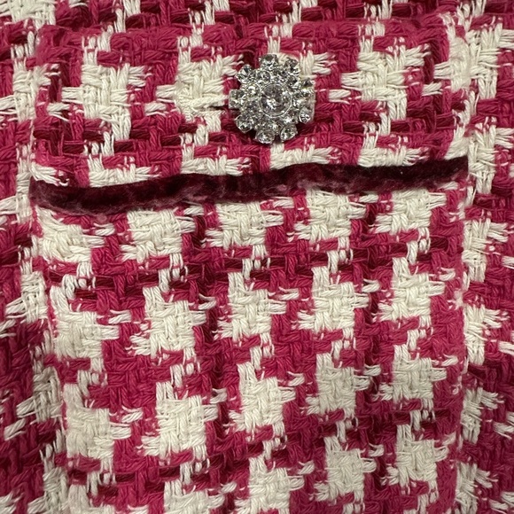 Zara Tweed Jacket Women XL Pink White Houndstooth Rhinestone Button Cropped Chic - Picture 4 of 5